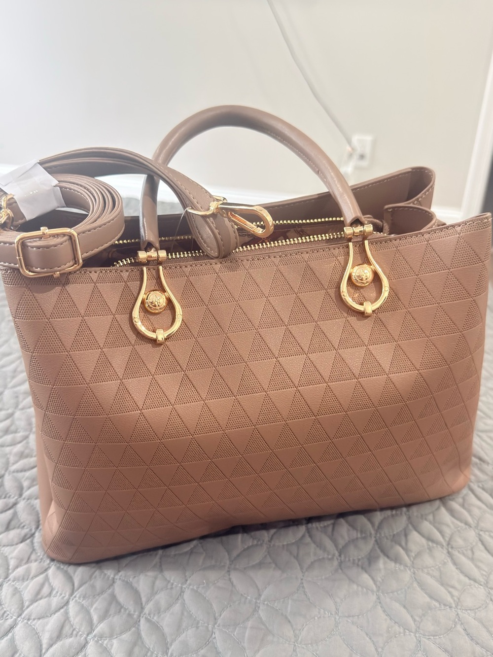 Quilted Taupe Satchel with Gold Accents